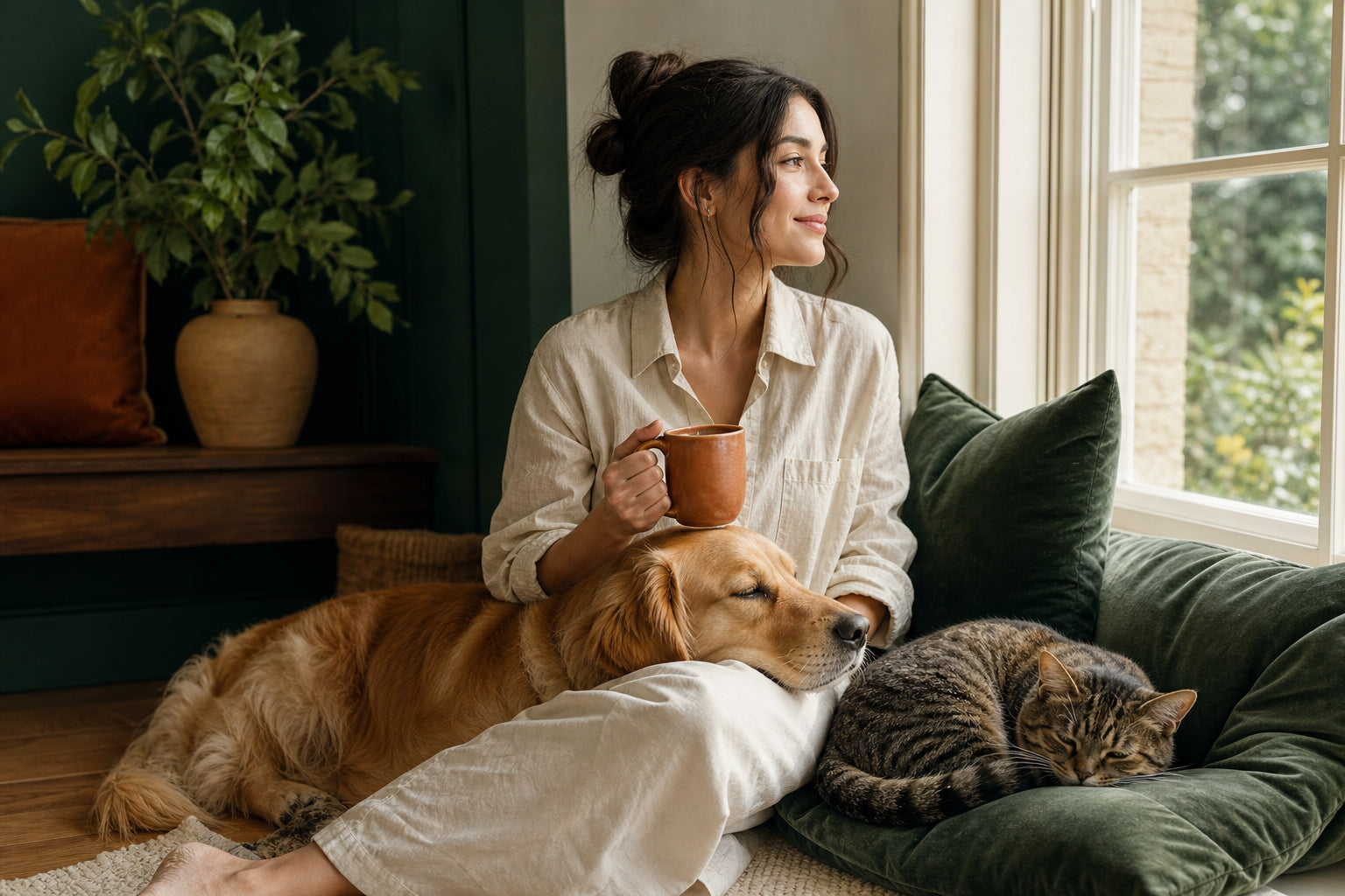 A pet parent enjoying a quiet morning at home