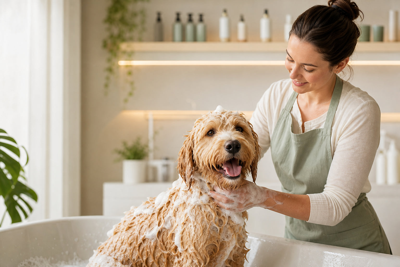 A professional groomer caring for a happy dog at a local pet salon