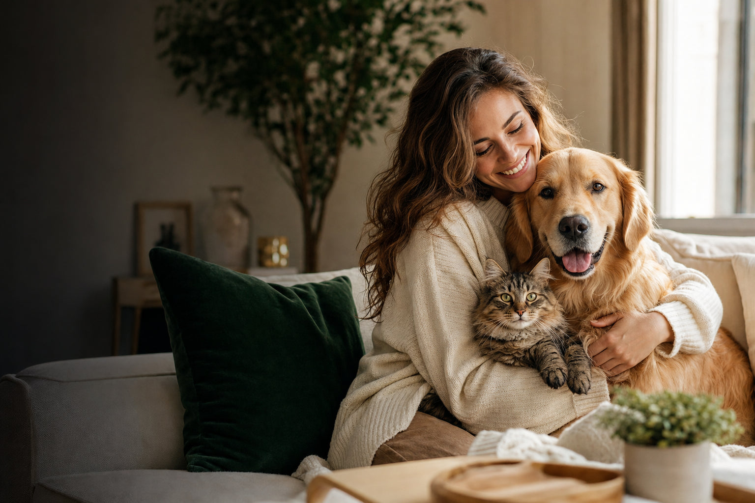 Woman lovingly embracing her dog at home